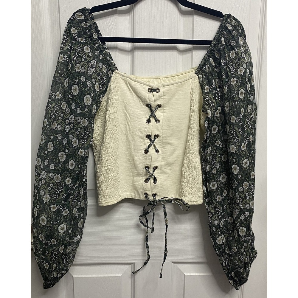 Anthropologie Forever That Girl Peasant Smocked Bodice Ivory Floral Green Top M